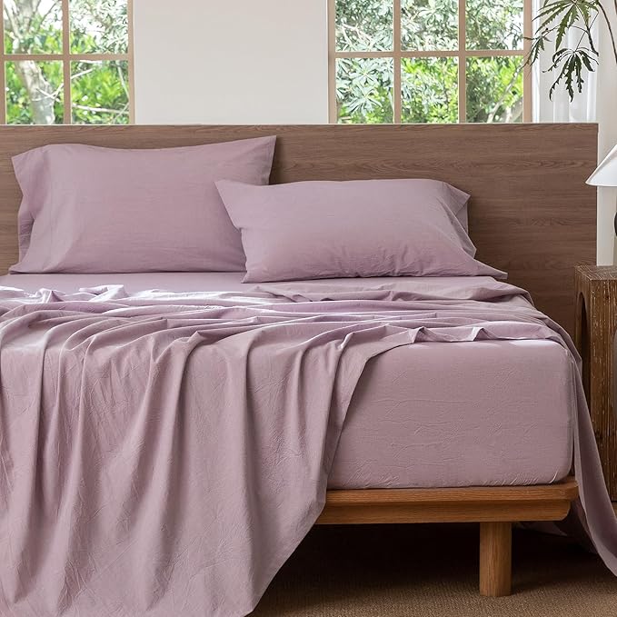 MooMee Bedding Sheet Set 100% Washed Cotton Linen Like Textured Breathable Durable Soft Comfy (Heathered Light Purple, Queen)