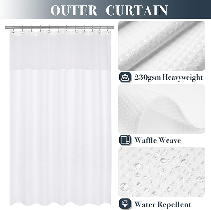 N&Y HOME Extra Long Waffle Weave Shower Curtain with Snap-in Fabric Liner Set, 12 White Hooks Included - 71" x 84", Hotel Style & Mesh Top, Machine Washable & Water-Repellent - 71x84, White