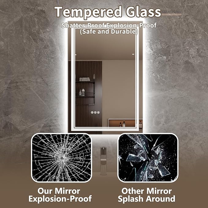 Bathroom Mirror with Lights 24"X36" with Front Light and Backlit, Tempered Glass, Wall Mount Horizontal/Vertical, Stepless Dimmable, 3 Colors, Anti Fog, Bathroom Memory LED Mirror