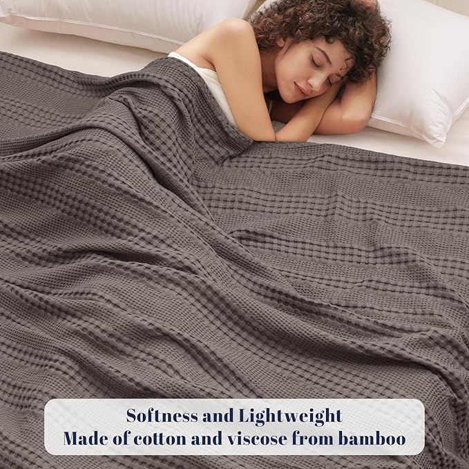 PHF Cooling Waffle Blanket Queen Size, Lightweight 60% Rayon Derived from Bamboo & 40% Cotton Breathable Blanket for Hot Sleepers, Soft and Luxury for Bed Couch and Sofa, 90"x90", Dark Grey