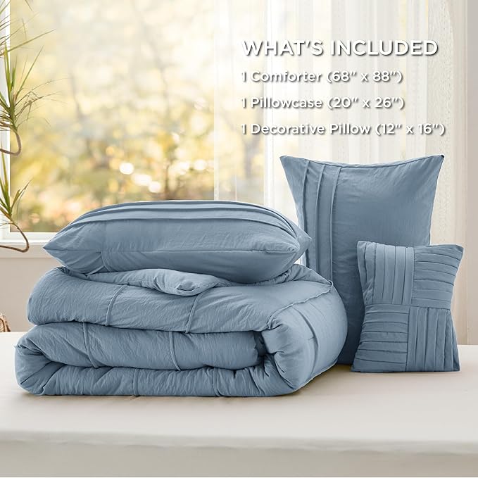 Bedsure Twin Comforter Set - 3 Pieces Pinch Pleat Bed Set, Light Blue Boho Bedding for All Season, 1 Soft Comforter, 1 Pillowcase, 1 Decorative Pillow