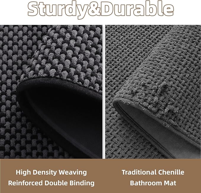 PADOOR-Bath Mat-Super Absorbent Chenille Bathroom Mats-Rubber Backed Bath Mats for Bathroom Non Slip, Easy Clean Bathroom Rugs Front of Bathtub,Shower Room,Sink-17×35, Darkgrey&Black