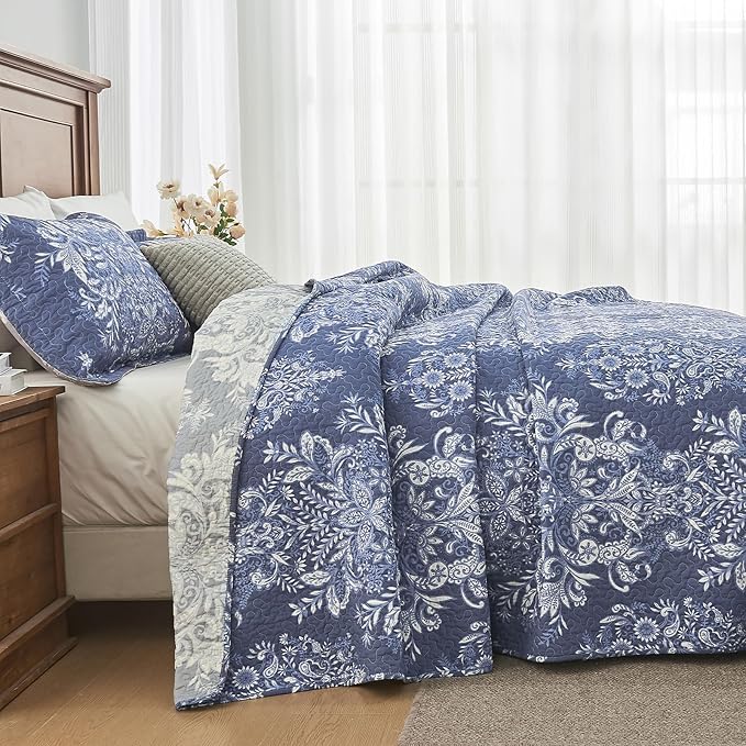 100% Cotton Quilt Set Queen Size - Damask Pattern Quilted Comforter, Vintage Reversible Queen Quilt Bedspread, Lightweight Bedding for Queen Bed, 3pcs, Blue