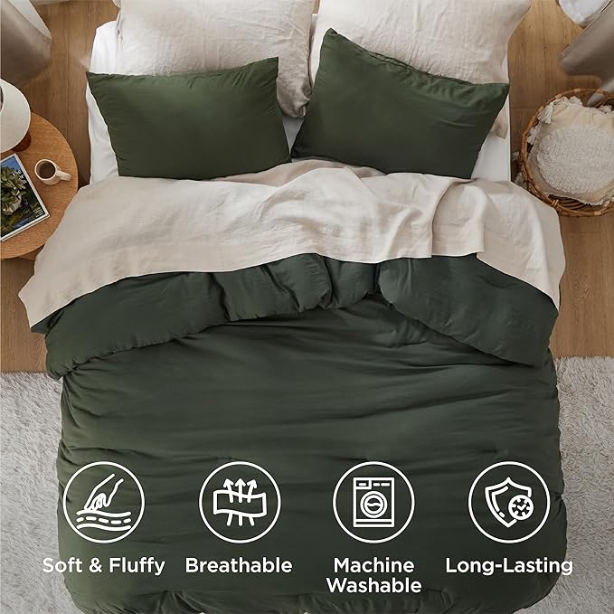 Bedsure Queen Size Comforter Set, Dark Green Soft Prewashed Bedding for All Seasons, 3 Pieces GentleSoft™ Warm Down Alternative Bed Set, 1 Lightweight Comforter (90"x90") and 2 Pillowcases (20"x26")