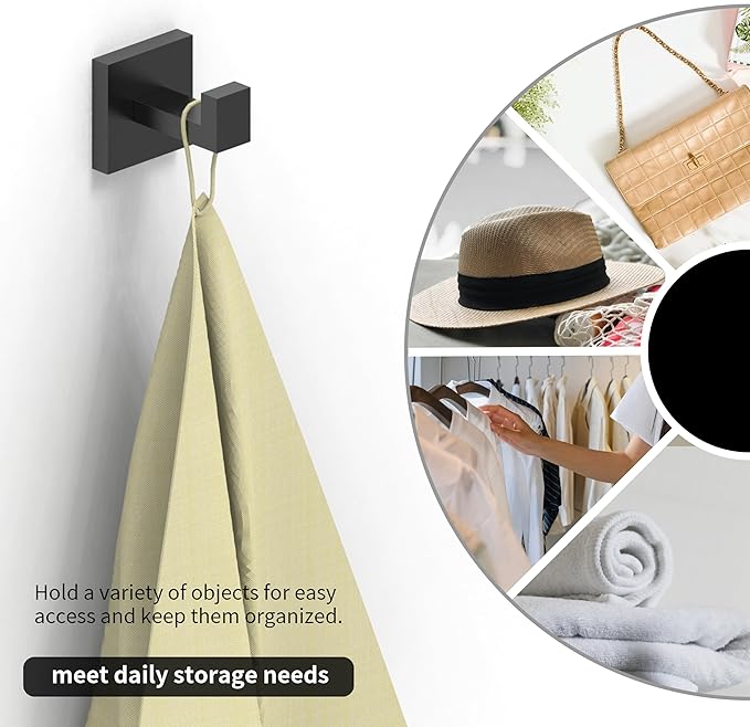 Ruacq Double Towel Hook Matte Black Square Base Bathroom Robe Towel Holder Hand Towel Hanger Stainless Steel Modern Wall Mounted