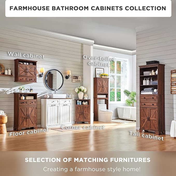 ACCOHOHO Bathroom Wall Cabinet, Farmhouse Medicine Cabinet, 24" Wide Cabinet with Drawer, Adjustable Shelf, Double Barn Doors, Storage Cabinet for Bathroom, Kitchen, Living Room, Brown