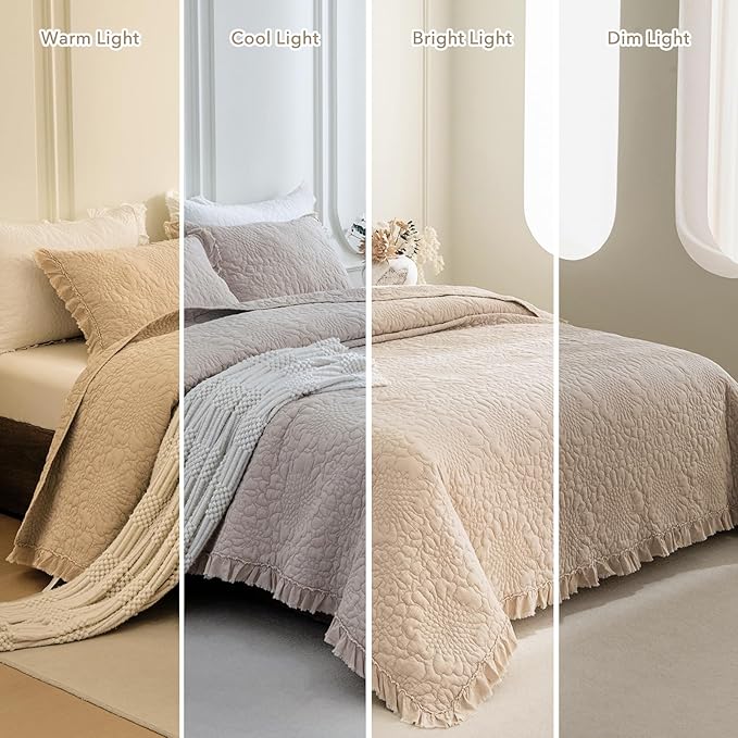 QSH 3PCs Stonewashed Cotton Quilt King (110"x98"), Dark Wheat Ruffled Quilt King Size Bedding Set,Ultra Lightweight Soft Crinkled Bedspread Coverlet King Shabby Farmhouse Chic Bedding for All Seasons