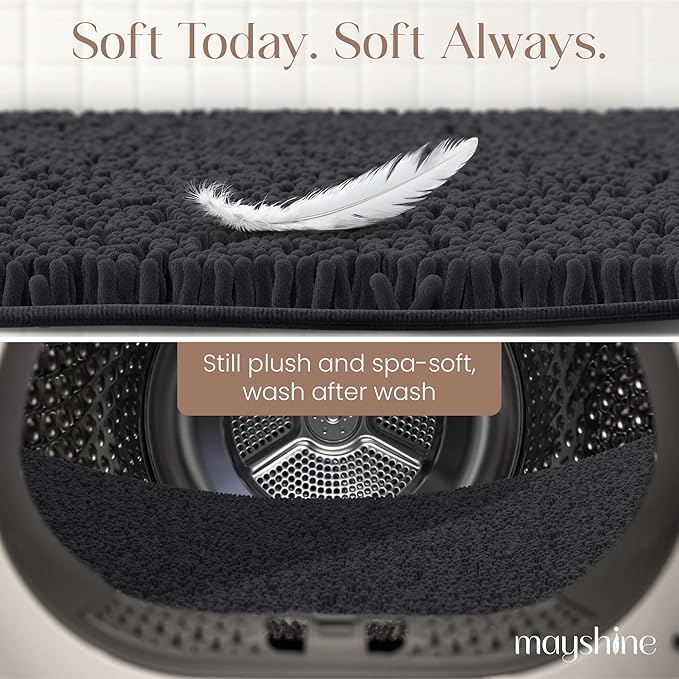 MAYSHINE Plush Shaggy Chenille Bath Mat | Extra Soft, Super Absorbent, Non-Slip Bathroom Rug | Fluffy Microfiber, Area Rug Sets for Bathroom Floor, Kitchen, Living Room | 71"x31" | Black