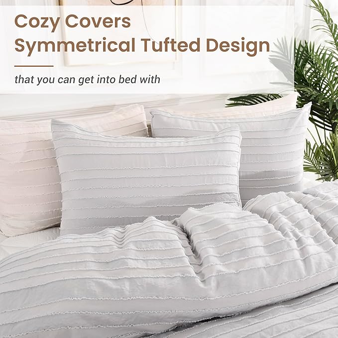 NEXHOME PRO Twin Duvet Cover, Light Grey 2 Pieces Boho Tufted Twin Size Duvet Cover Set, Soft and Lightweight Microfiber Comforter Cover Set for All Season (Light Grey, 66 x 90)-No Comforter