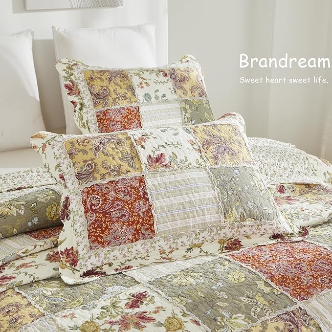 Brandream Queen Size Quilt Set Cotton Luxury Patchwork Quilts Vintage Farmhouse Quilted Comforter Set 3-Piece