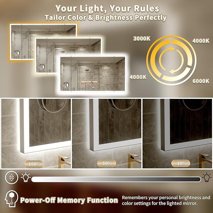 66x36 Trifold Bathroom Mirror with Lights with Removable Magnifier, 180° Foldable LED Mirror for Bathroom, Front&Backlit, Wall Mounted, Stepless Dimming, Color Temper Change, Anti Fog