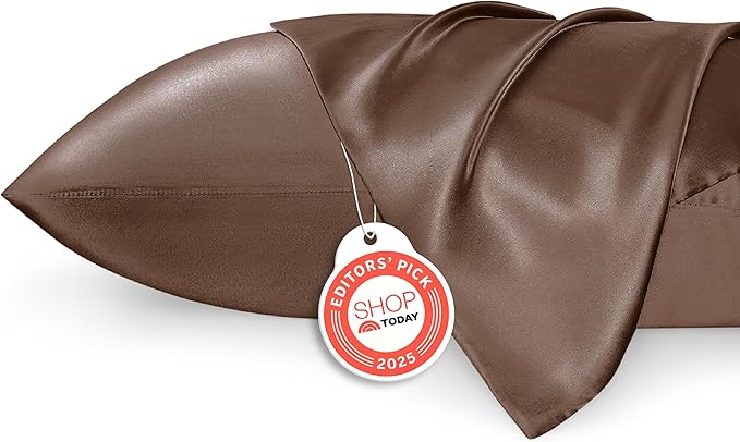 Bedsure Satin Pillowcases, Similar to Silk Pillow Cases Queen Size Set of 2, Pillow Case for Sleeping Women with Envelope Closure, Gifts for Women Men, Brown, 20x30 Inches, 2pcs