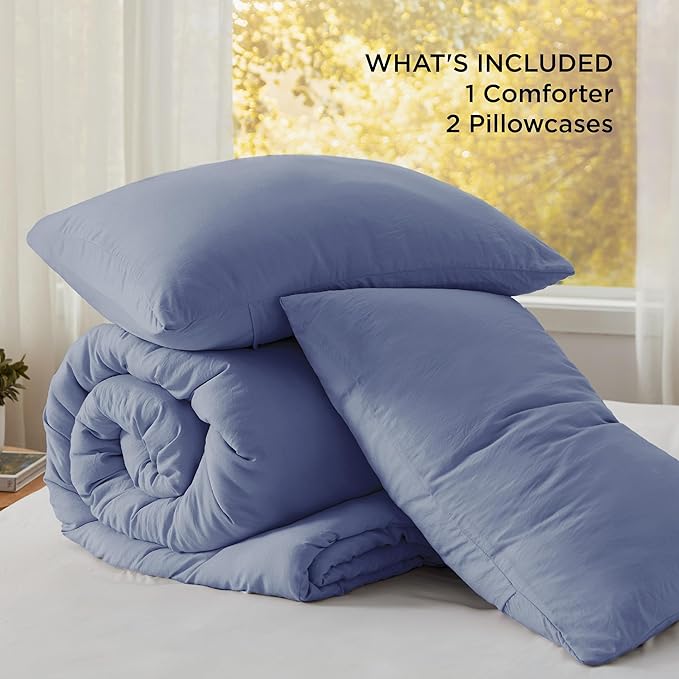 Bedsure Queen Size Comforter Set, Blue Soft Prewashed Bedding for All Seasons, 3 Pieces GentleSoft™ Warm Down Alternative Bed Set, 1 Lightweight Comforter (90"x90") and 2 Pillowcases (20"x26")