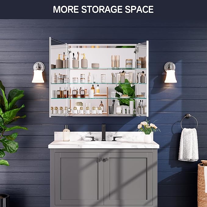 Medicine Cabinet 30" x 30", Bathroom Medicine Cabinet with Mirror, Recessed Medicine Cabinets with Adjustable Shelves, Soft-Closing Door, and Aluminum Alloy Frame - Reverse Installation, Silver