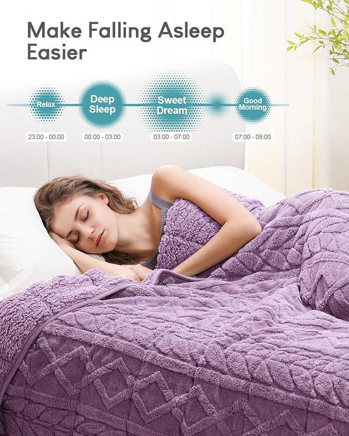 Cottonblue Jacquard Weighted Blanket 15lbs for Adults Twin Full Size, Soft Fuzzy Sherpa Fleece Weighted Throw Blankets 48x72 in for Relax and Sleep, Cozy Heavy Bed Blankets with Cemaric Beads, Purple