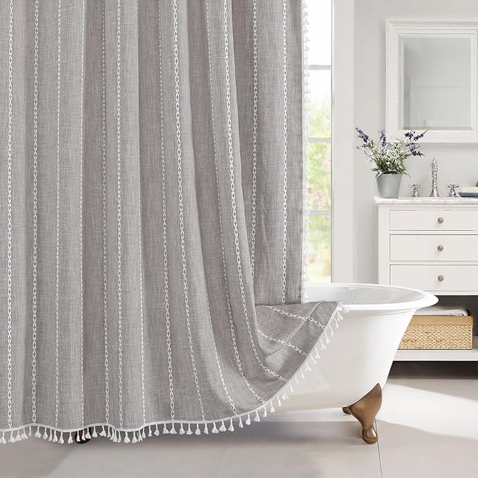 MitoVilla Boho Extra Long Shower Curtain 72 x 96, Grey Modern Farmhouse 96 inch XL Polyester Linen Texture Tassel Fabric Shower Curtain Set with Hooks for Cottagecore Country Bathroom Decor,Grey