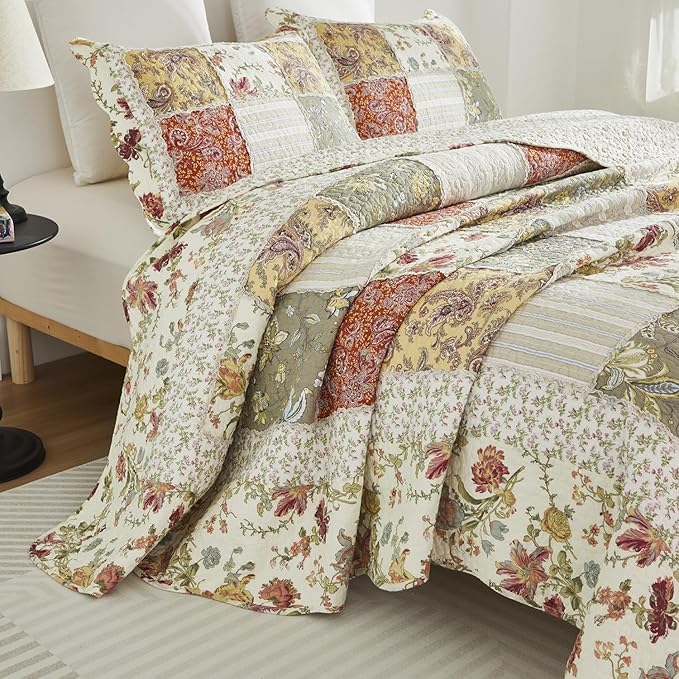 Brandream Queen Size Quilt Set Cotton Luxury Patchwork Quilts Vintage Farmhouse Quilted Comforter Set 3-Piece