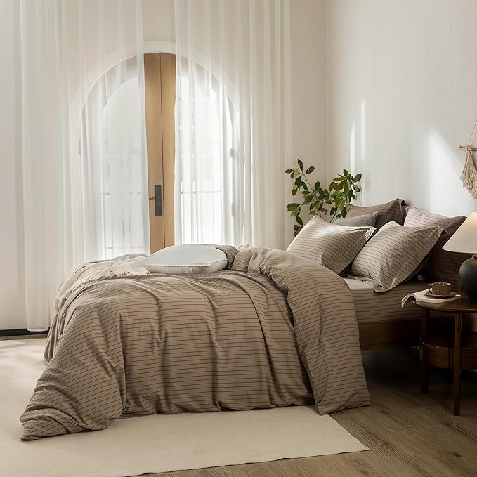 Stripe Duvet Cover Queen Size 90inch x 90inch,100% Washed Cotton Pinstripe Duvet Cover with Zipper Closure and 2 Pillowcases, Color of Light Camel-Black Stripe
