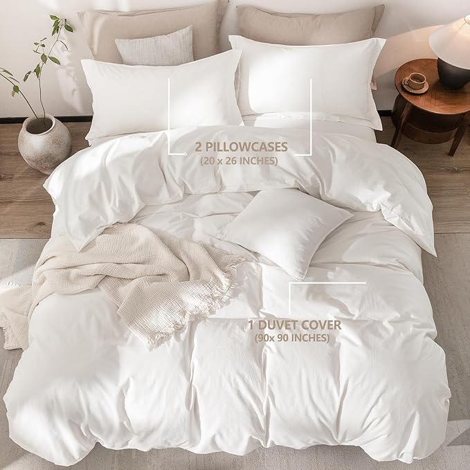 Off White Duvet Cover Queen Size 100% Washed Cotton Bedding Set Cover 1 Duvet Cover Zipper Closure and 2 Pillowcases, 90inch x 90inch