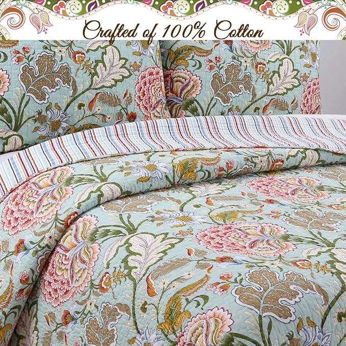 Cozy Line Home Fashions Blooming Red White Floral 100% Cotton Reversible Quilt Bedding Set, Coverlet Bedspread (Camellia Green, King - 3 Piece)
