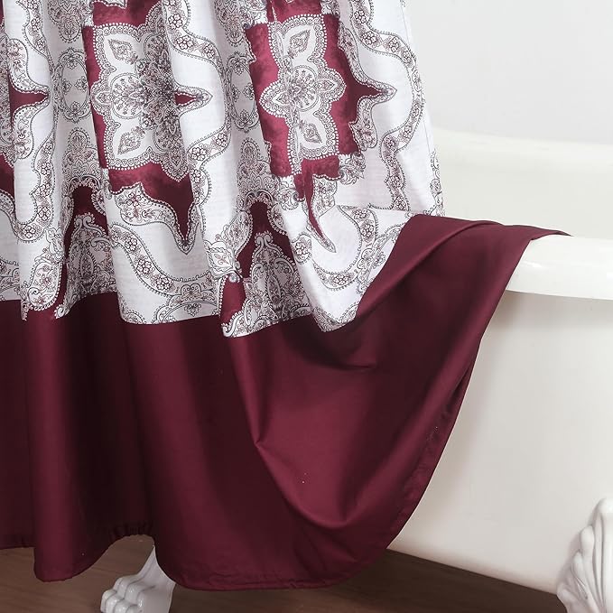 Long Burgundy Shower Curtain 78 Inches, Water Repellent Fabric with Medallion Pattern, 12 Metal Grommets & Weighted Hem