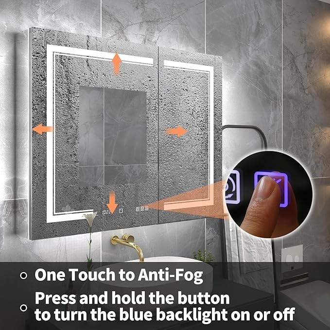 40"x32"Lighted Medicine Cabinet with Mirror，Recessed or Surface Mount LED Medicine Cabinet, Front&Backlit, Clock Temp Display, Anti-Fog, Stepless Dimming, 3-Color Temperatures, Adjustable Shelves