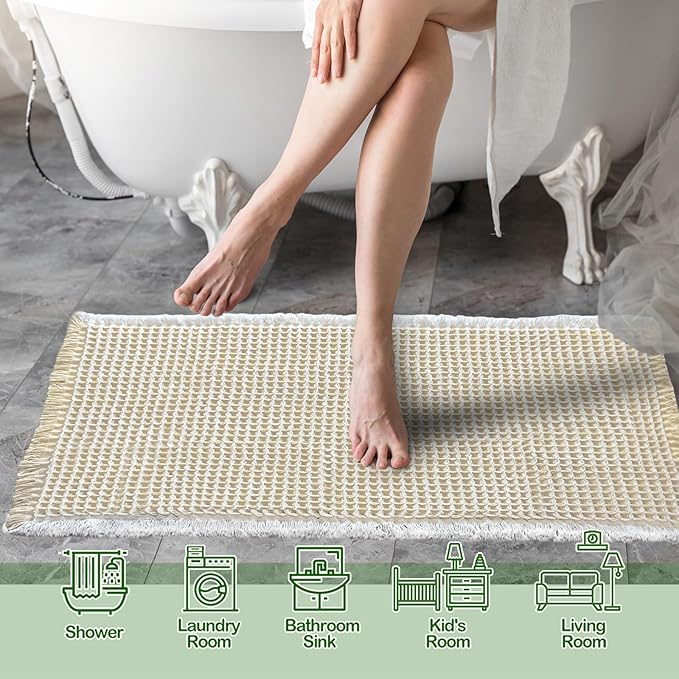 ZALL Beige Waffle Bath Mat,Super Absorbent Non Slip Bathroom Rug,Cream 17x24inch,Machine Washable Ultra Soft Floor Mats