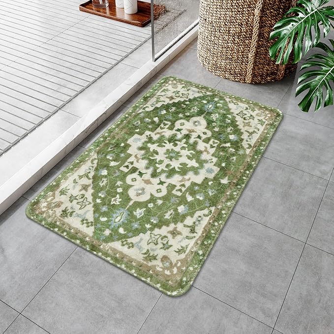 Uphome Vintage Tribal Bath Mat Sage Green Boho Non-Slip Bathroom Rug Oriental Soft Machine Washable Bathroom Mat Cute Aesthetic Floral Bath Mats for Bathroom Decor for Sink Tub Door Mat, 18x25 inch
