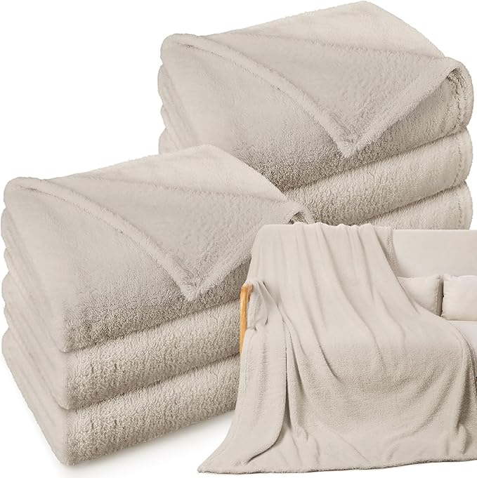 Tinideya 6 Pack Sherpa Fleece Throw Blankets Bulk 50"x 60" Soft Plush Wedding Throw Blankets for Couch Sofa Spa Sleepover Party Favor Supplies Travel Guest Room Home Decor (Beige)