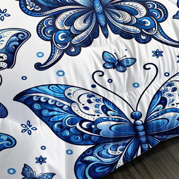 Blue Butterfly Comforter Bedding Set Full Size,Bohemian Style Blue Series Bedding for Kids Girls Boys,Insect Themed Children's Bedding Soft Fluffy Comforter Sets with 2 Pillowcases.