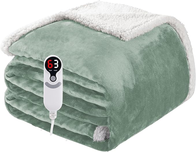 Electric Heated Blanket Full Size 72"x84", Soft Flannel with Overheat Protection, 6 Adjustable Heat Settings & 10-Hour Auto-Off Timer, Fast Heating for Winter Comfort, Light Green