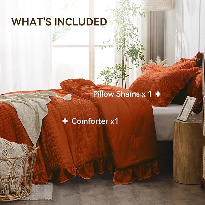 JOLLYVOGUE Burnt Orange Twin Size Comforter Set, 2 Pieces Seersucker Lightweight Fluffy Bedding Set, Twin Ruffle Comforter, All Season Soft Microfiber Shabby Chic Bed Set