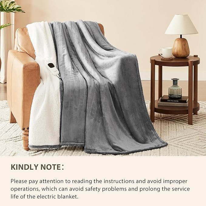 Homemate Electric Heated Blanket King Size - 100"x90" Heating Blanket King Size Dual Control 1/2/4/6/8 Hours Auto-Off 10 Heat Level Over-Heat Protection Flannel Sherpa ETL Certification