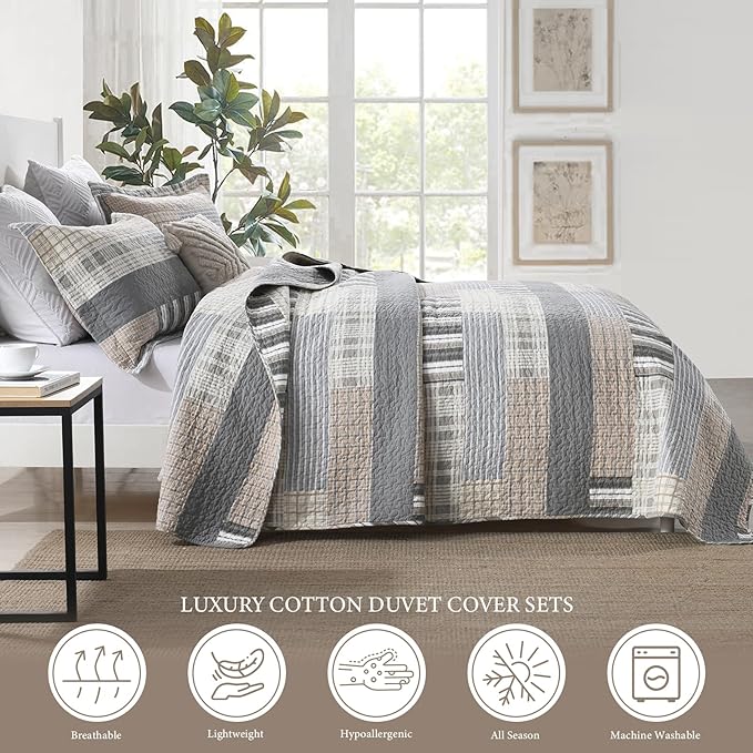 Uniclinens Quilt Set Queen Size, 100% Cotton Quilted Quilts Bedding Set Bedspreads, Farmhouse Patchwork Plaid Quilted Comforter Set, 3 Pieces Set with 2 Pillowshams, Cream/Grey/Brown