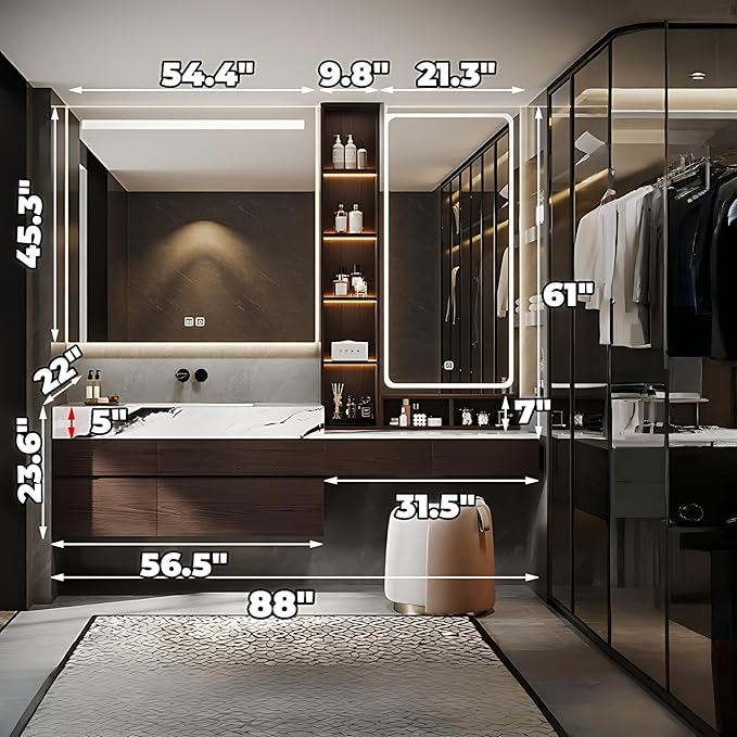 Bathroom Vanity with Sink - Luxury Bathroom Sink Cabinet, Floating Vanity with Smart Defogging Mirror & Storage Drawer, Multi-Layer Solid Wood Panel - Complete Accessories (88")