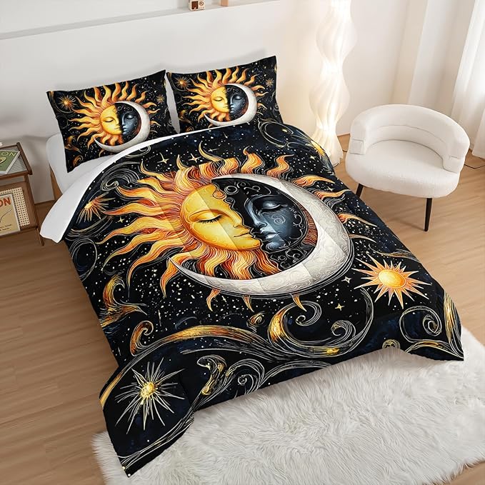 Sun and Moon Bedding Set King Size,Yellow Galaxy Celestial Bedding for Kids Boys Girls Teens Room Boho Decor,Black and Yellow Fluffy Comforter Sets with 2 Pillowcases.