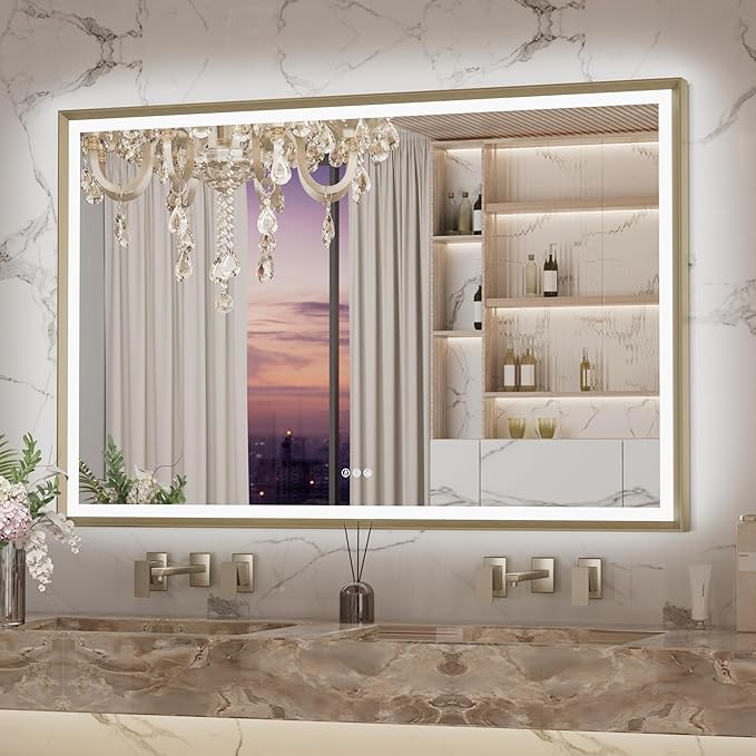 Keonjinn 55” x 36” LED Bathroom Mirror with Frontlit & Backlit, Gold Metal Framed Lighted Mirror with Stepless Dimmable 3-Color Temperatures, Anti Fog, UL-Listed Driver, No Dark Corner
