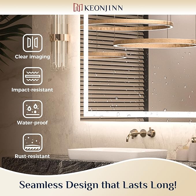 Keonjinn LED Bathroom Mirror 30 ” x 30 ” with Frontlit & Backlit, Lighted Mirror for Bathroom Wall with Dimmable 3-Color Lights, Anti-Fog Mirror with HD Tempered Glass, UL-Listed LED Driver