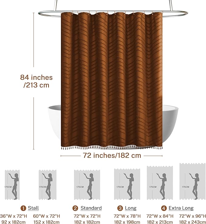 Extra Long Pumpkin Orange Boho Shower Curtain With Tassel, Woven Fabric 84 in, Tufted Chevron Striped, 72 x 84, Modern Chic Textured Minimalist Bathroom