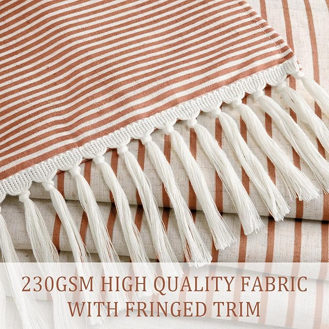 Awellife Farmhouse Shower Curtains for Bathroom,Boho Orange Flax Texture Striped Shower Curtain Shower Curtain with Tassels Rustic Neutral 72x72
