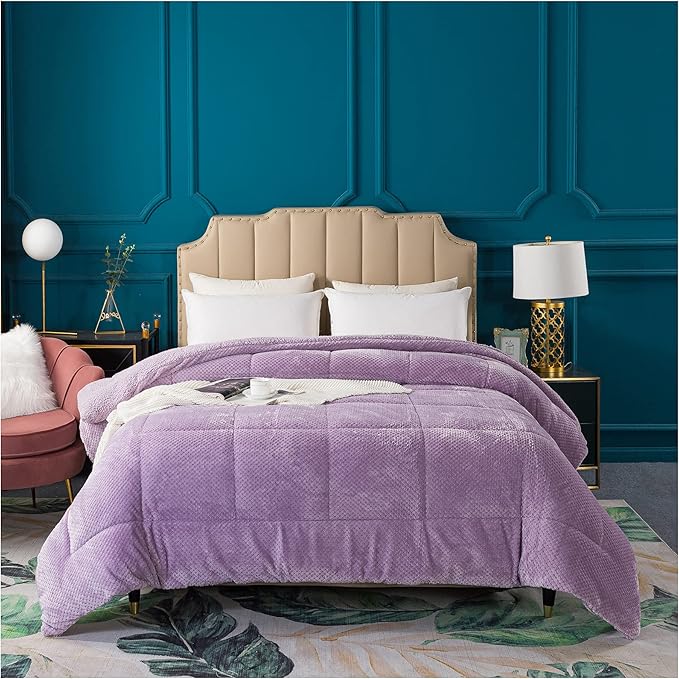 KASENTEX Super Ultra Soft Luxury Plush Sherpa Comforter, Cozy Reversible Faux Fur Machine Washable Bedding, Purple, King Size