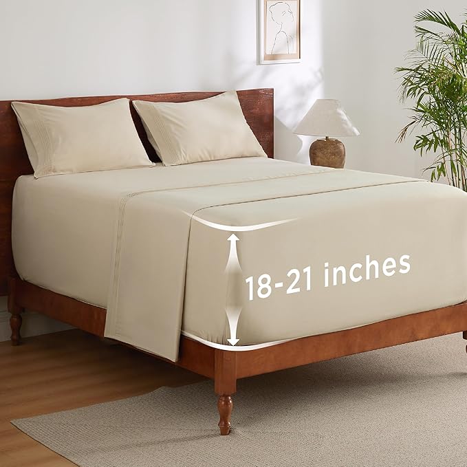 Bedsure Deep Pocket King Sheet Set - Fits Mattresses Up to 21 Inches Thick - 4 Piece GentleSoft Bed Sheets, Moisture Wicking, Soft & Cooling Bedsheet & Pillowcases, Easy & Secure Fit, Beige