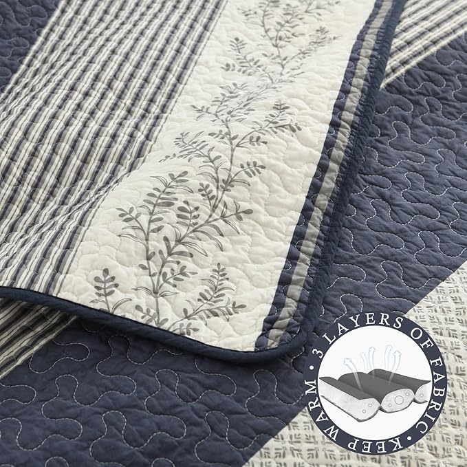 Stripe Queen Quilt Set - 100% Cotton Soft Lightweight 3 Pieces Bedding Set, Vintage Vine Pattern Quilted Bedspread with 2 Pillow Shams, Farmhouse Printed Coverlet for All Season, Navy/Gray