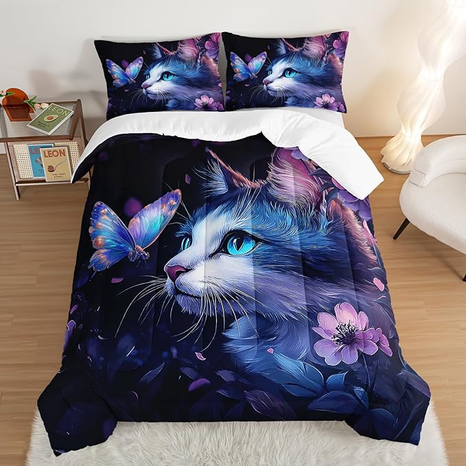 Kids Cat Comforter Set Full Size,Fantasy Cats Butterfly Flowers Bedding Set for Kids Girls Kawaii Room Decor,Cute Little Animal Themed Toddler Bedding Set with 2 Pillowcases.