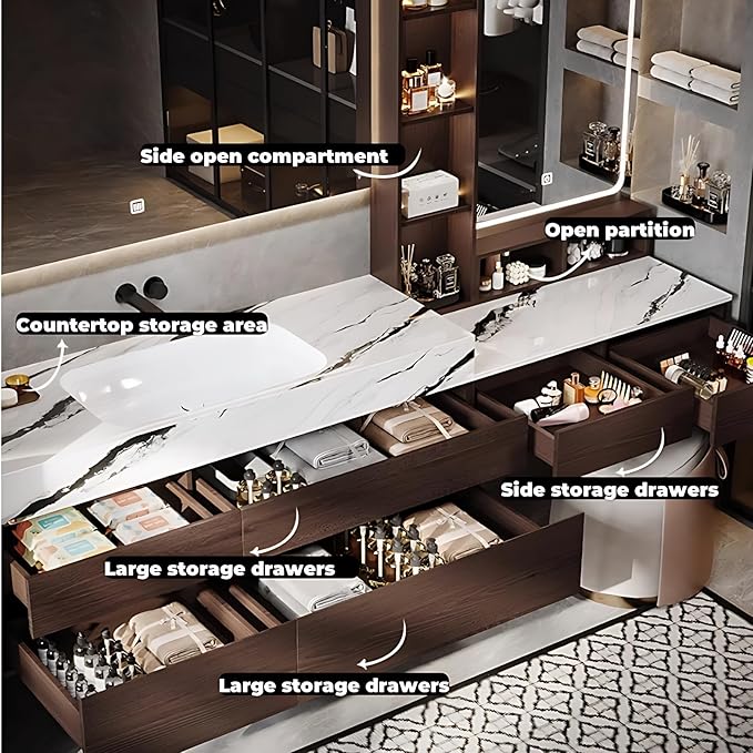 Bathroom Vanity with Sink - Luxury Bathroom Sink Cabinet, Floating Vanity with Smart Defogging Mirror & Storage Drawer, Multi-Layer Solid Wood Panel - Complete Accessories (64")