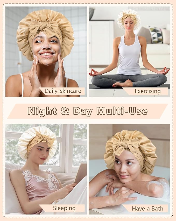 AWAYTR Women Satin Bonnet for Sleeping - Double Layer Silk Hair Bonnet with Elastic Tie Band for Braids Curly Hair