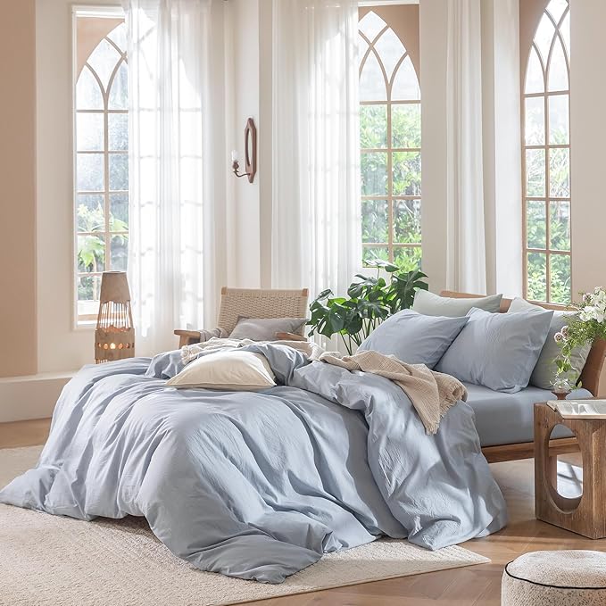 MooMee Bedding Duvet Cover Set 100% Washed Cotton Linen Like Textured Breathable Durable Soft Comfy (Heathered Cornflower Blue, Super Queen 90"x98")