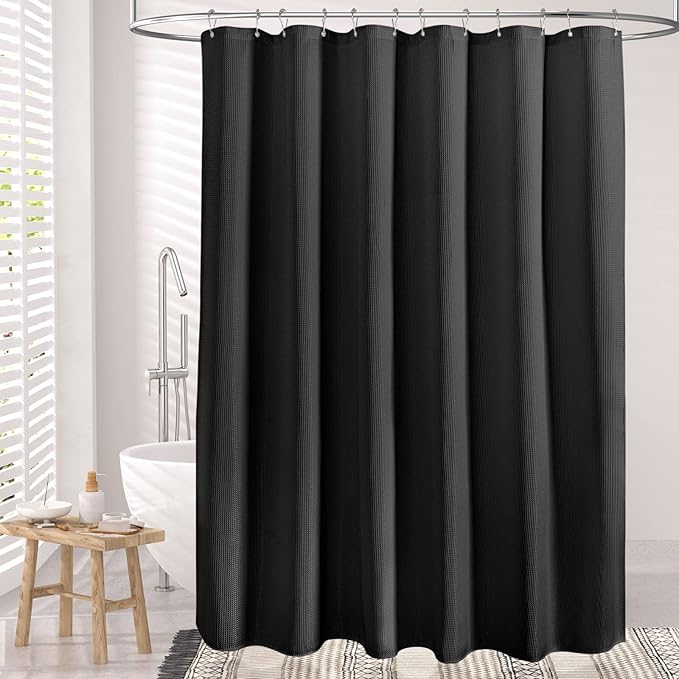 AmazerBath Waffle Shower Curtain, Heavy Duty Fabric Shower Curtains with Waffle Weave Hotel Quality Bathroom Shower Curtains, 72 x 78 Inches (Black)