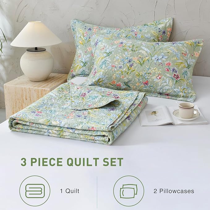 Lady Ann Oversized Cal King Bedspreads 120x120 for Extra Bed, Green Flower Bird Butterfly Print Botanical Bedding, Lightweight 100% Cotton Quilted Coverlet Set with Pillow Shams for All Season, 3 PCS
