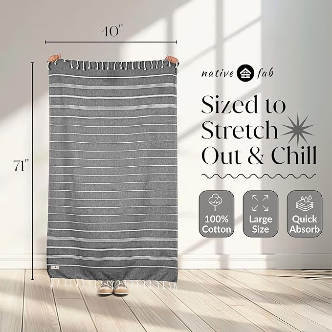 Native Fab Oversized Turkish Towels 4 Pack, Quick Dry, Lightweight, Durable, Absorbent, Sand Resistant, Multipurpose for Pool, Bath, Spa, Travel, Summer - Pink, Magenta, Indigo Blue, Grey